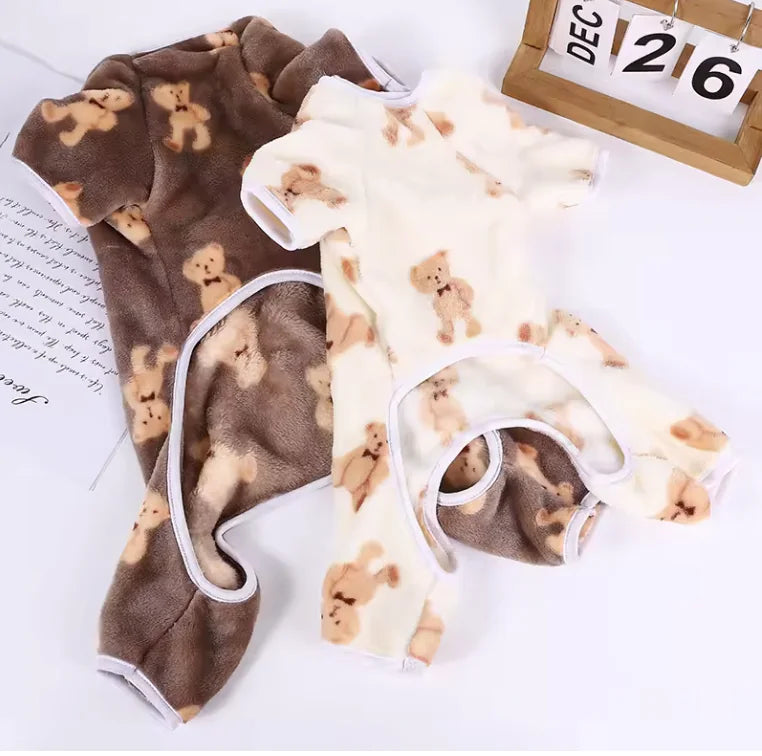 Teddy Bear Print Plush Jumpsuits